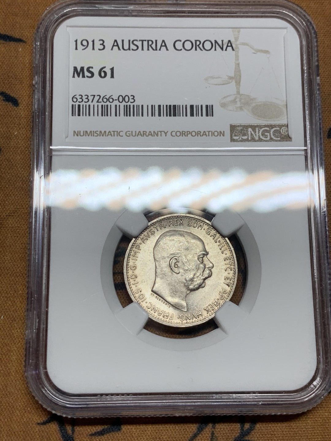 《竞宝斋》第43场-本周日，周一2场连拍（全场顺丰包邮） NGC-MS61 奥地利 1913年 佛朗茨一世 1克朗 银币 原光好品