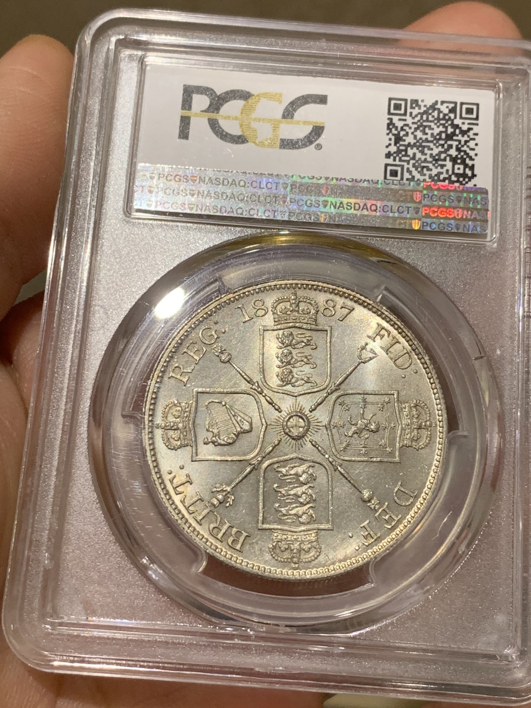 《竞宝斋》第43场-本周日，周一2场连拍（全场顺丰包邮） PCGS-MS63+ 英国1887年 维多利亚高冠双弗洛林 银币 出厂状态 凝霜感十足