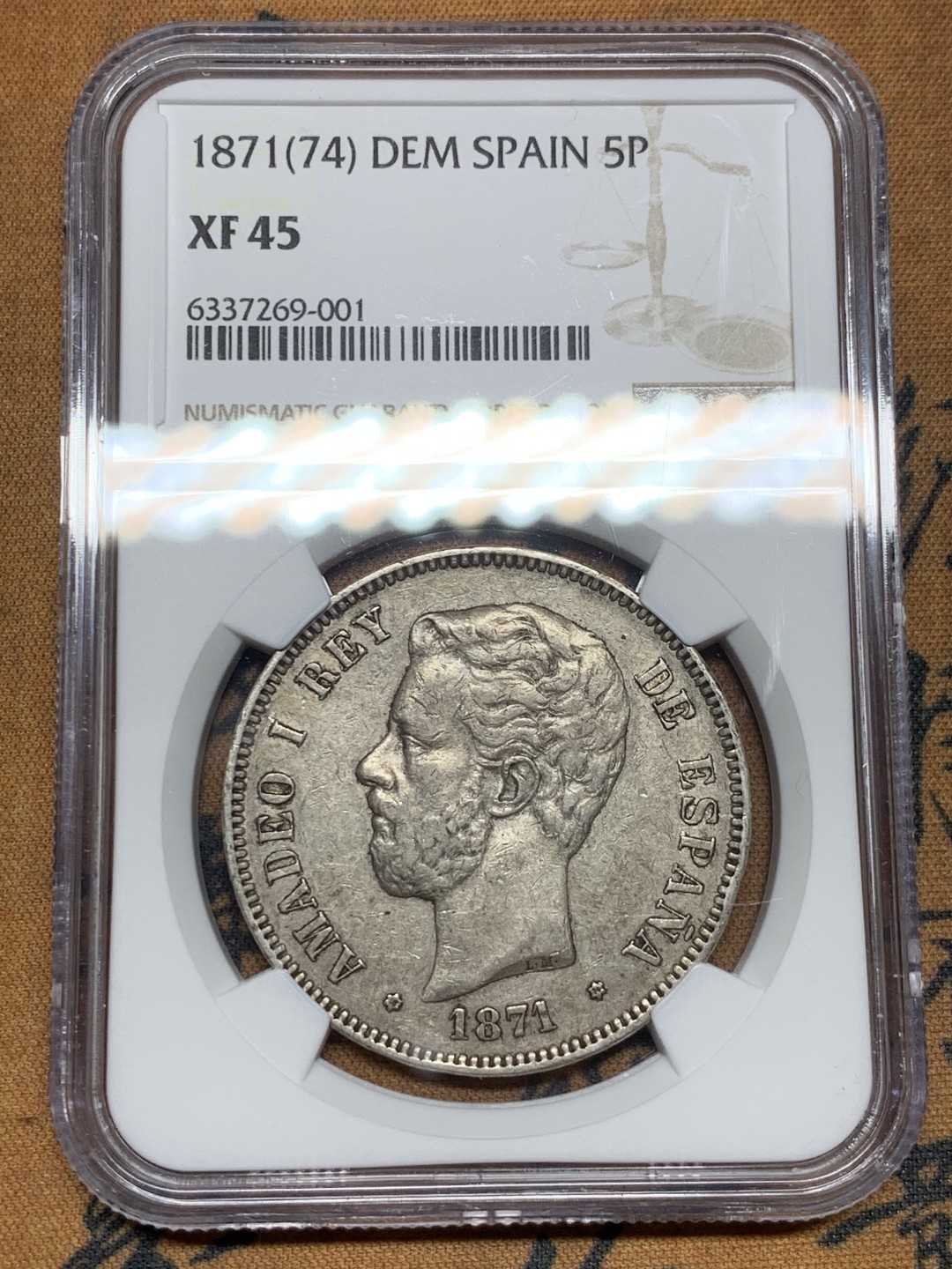 《竞宝斋》第43场-本周日，周一2场连拍（全场顺丰包邮） NGC-XF45 西班牙 1871年 *(74) 阿玛德欧 5比塞塔双柱 大银币 原味老包浆