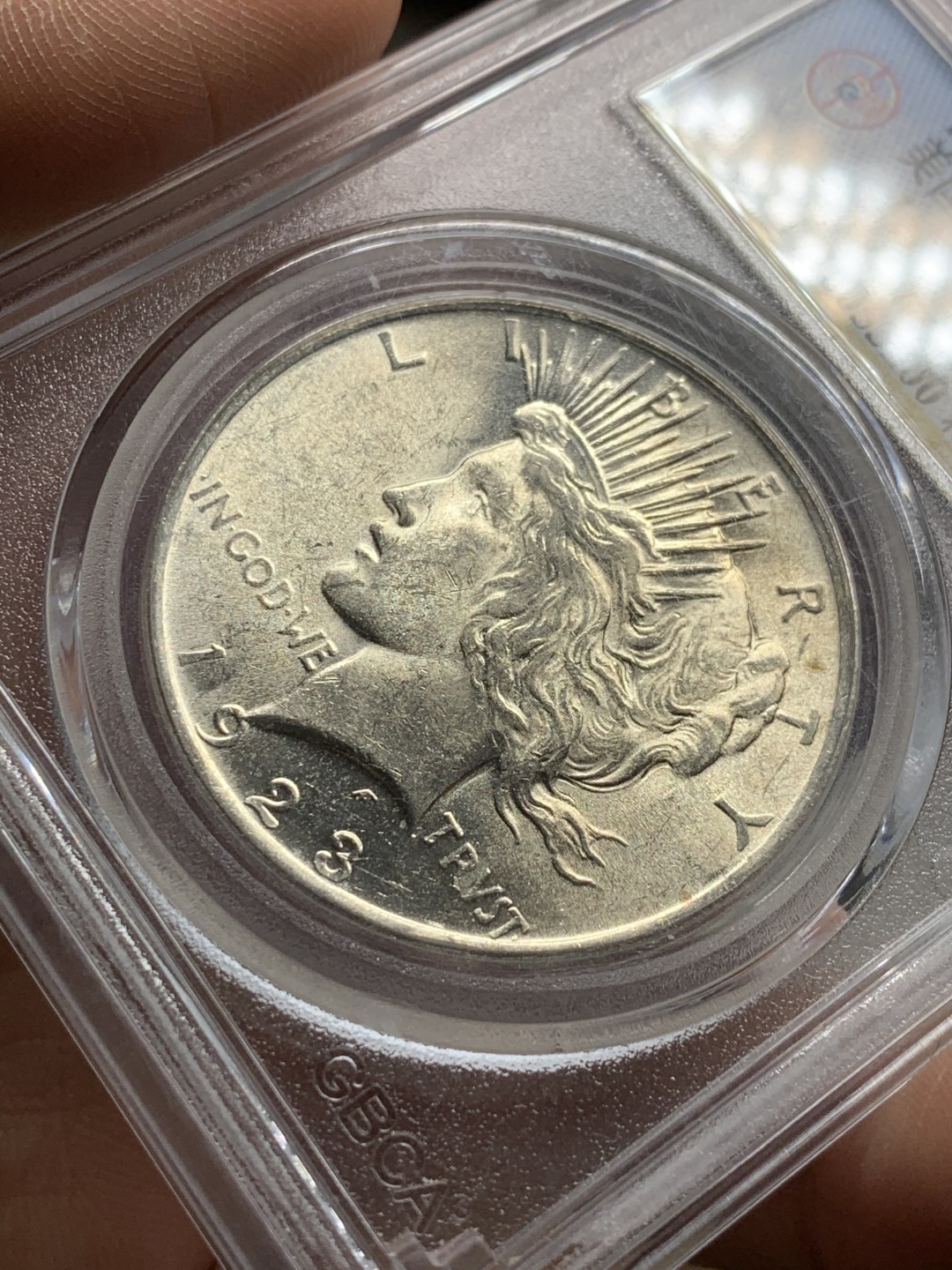 《竞宝斋》第43场-本周日，周一2场连拍（全场顺丰包邮） 公博MS-65  1923年美国和平1美元银币 金色底板 车轮光极强 正面自由女神 背面和平鸽 收藏级 