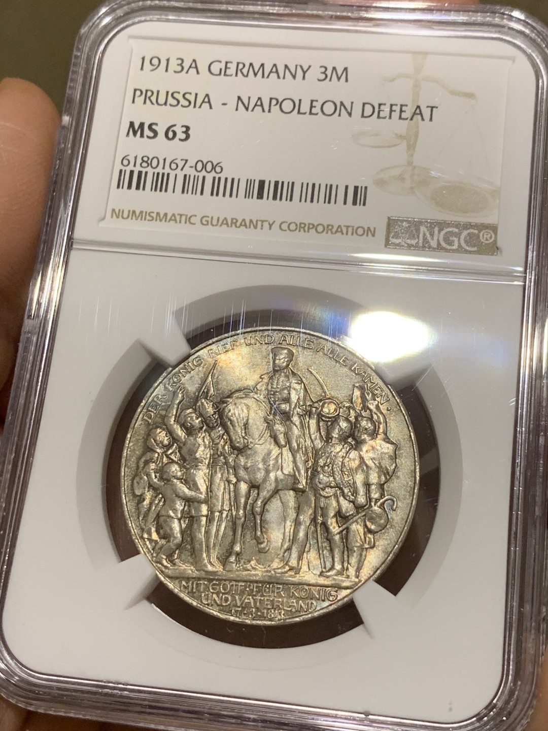 《竞宝斋》第43场-本周日，周一2场连拍（全场顺丰包邮） NGC-MS63 德国普鲁士 1913年 普法战争 3马克 银币 淡彩包浆 非常漂亮