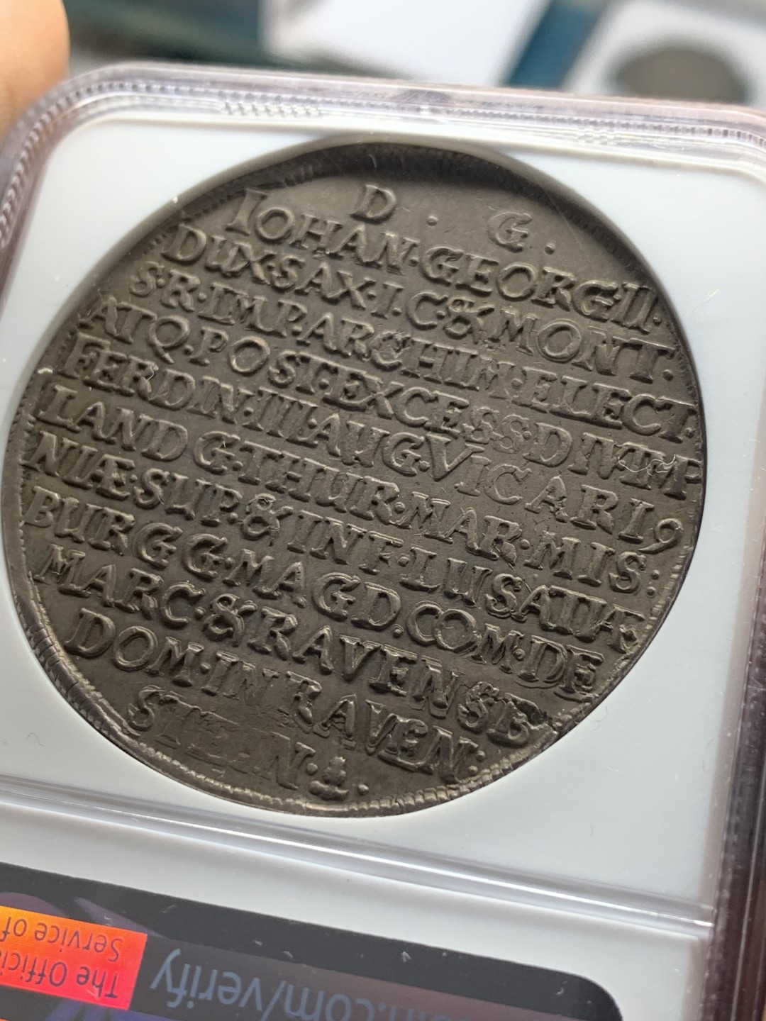 《竞宝斋》第44场-本周日，周一2场连拍（全场顺丰包邮） 第三名 NGC- AU53 德国萨克森1657年约翰乔治二世大泰勒银币 2021年HA- XF45分落槌价750美元 入盒出分一共4枚