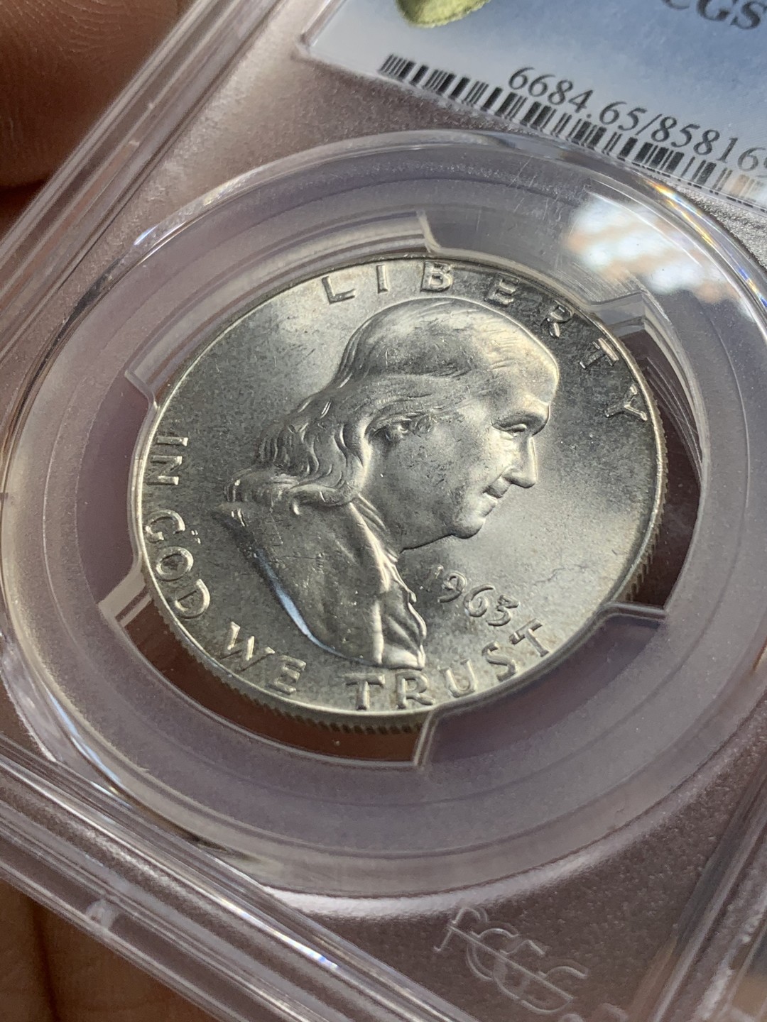 《竞宝斋》第44场-本周日，周一2场连拍（全场顺丰包邮） PCGS MS65 美国 富兰克林 1963年D版 半美元银币 BU状态 干净爽洁