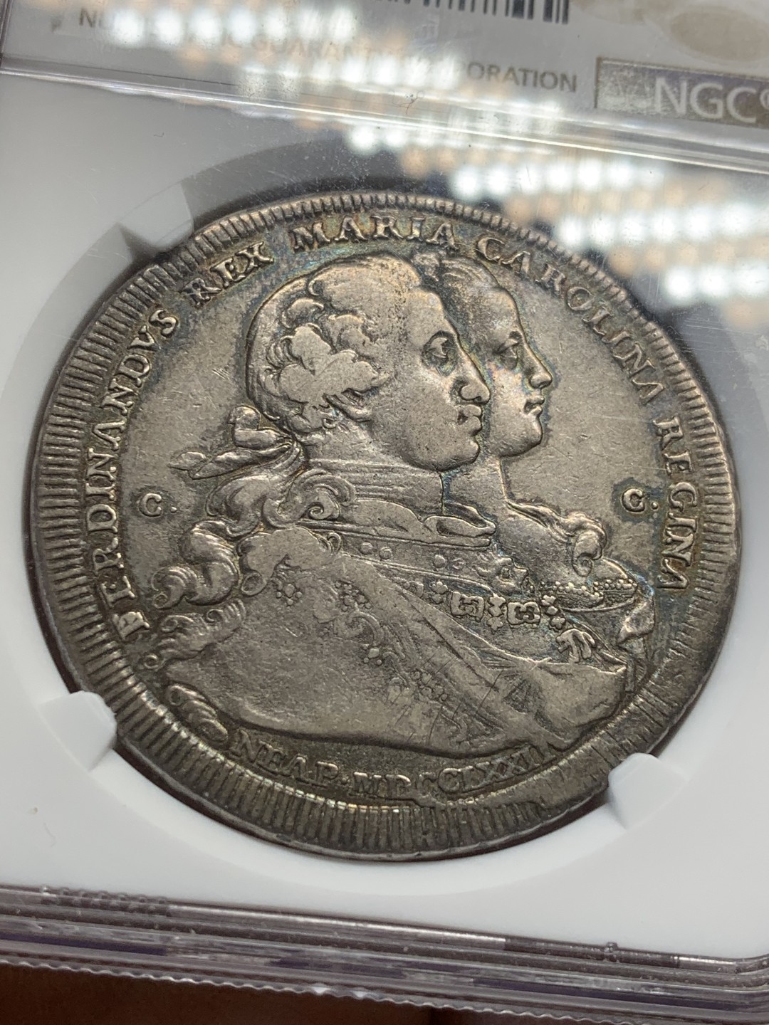 《竞宝斋》第44场-本周日，周一2场连拍（全场顺丰包邮） NGC-VF35 那不勒斯王国1772年“公主降生”120Grana 稀少题材品种 原味包浆