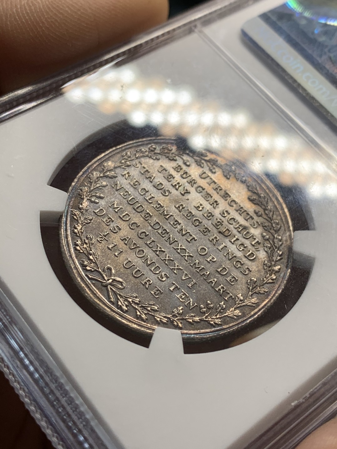 《竞宝斋》第44场-本周日，周一2场连拍（全场顺丰包邮） 1786年荷兰乌特勒支五彩银章（NGC唯一冠军分）（MINT ERROR） NGC MS65 P盒只有一枚记录，MS64