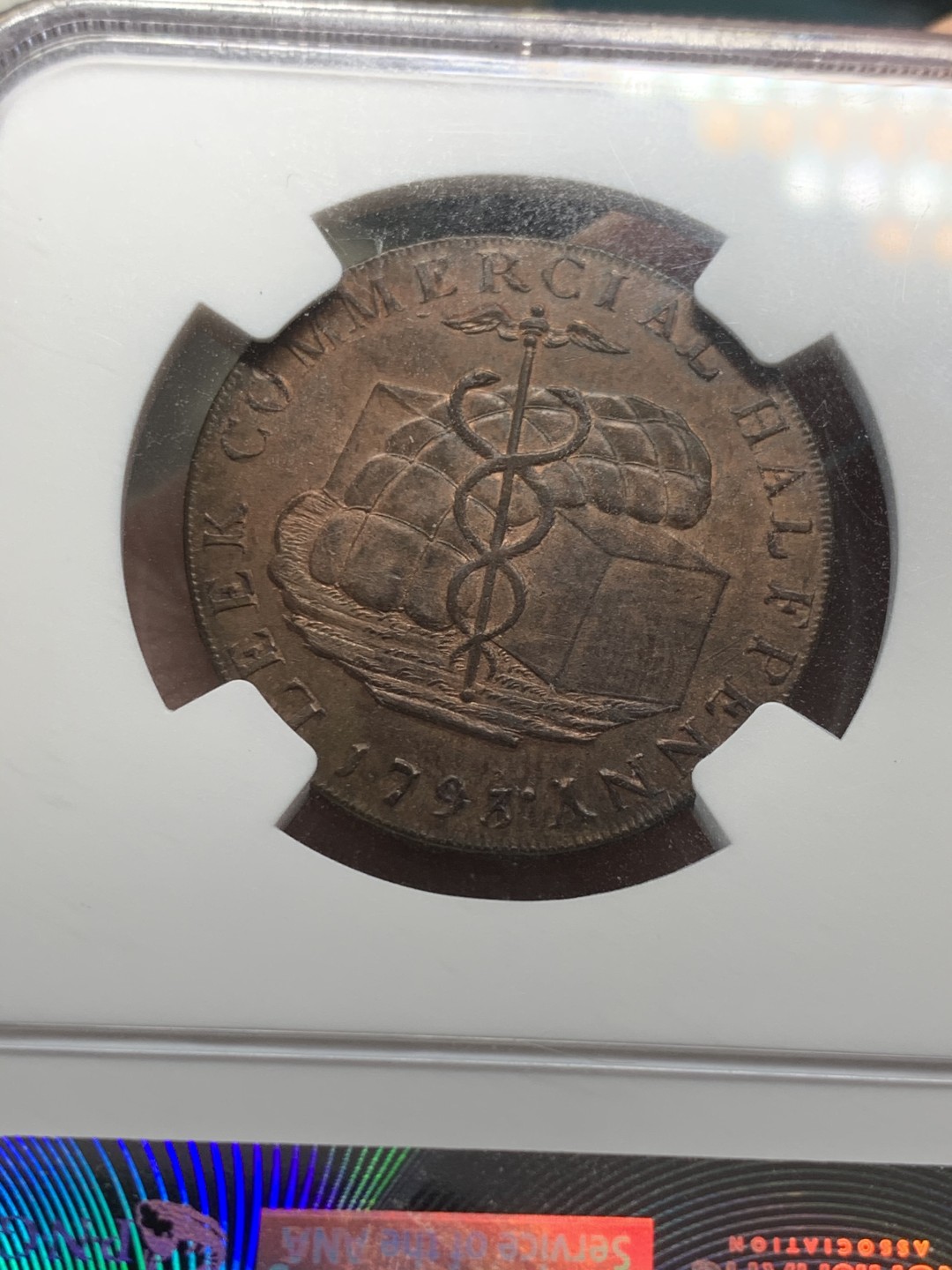 《竞宝斋》第44场-本周日，周一2场连拍（全场顺丰包邮） NGC MS62RB 亚军分 1793年英国斯塔福德郡1/2便士TOKEN 少见品种 