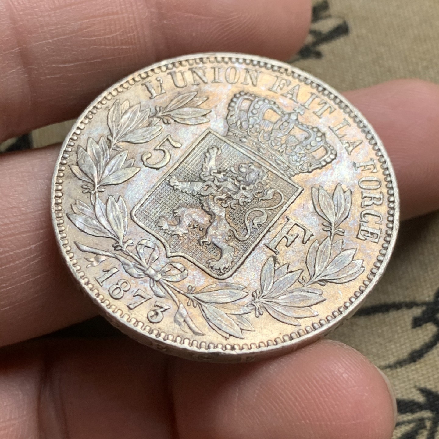 《竞宝斋》第44场-本周日，周一2场连拍（全场顺丰包邮） 比利时 1873年 利奥波德二世 5法郎大银币 带光好状态 高点都在UNC品相