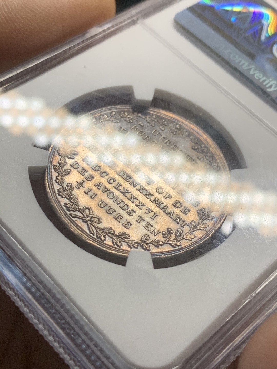 《竞宝斋》第44场-本周日，周一2场连拍（全场顺丰包邮） 1786年荷兰乌特勒支五彩银章（NGC唯一冠军分）（MINT ERROR） NGC MS65 P盒只有一枚记录，MS64