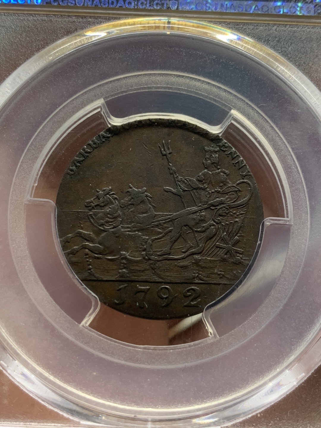 《竞宝斋》第44场-本周日，周一2场连拍（全场顺丰包邮） 1792年巴巴多斯海神1/2便士铜币（原铸） PCGS XF45 巴巴多斯海神，名誉品，海神细节感人，好品原铸，该品种有后铸