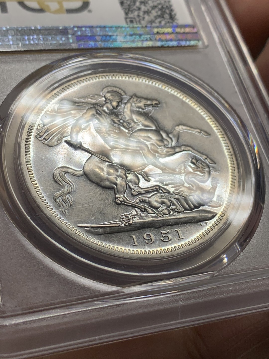 《竞宝斋》第44场-本周日，周一2场连拍（全场顺丰包邮） PCGS-PL65 英国 1951年 1克朗 镍币 高分少见，基本高一分价格翻倍