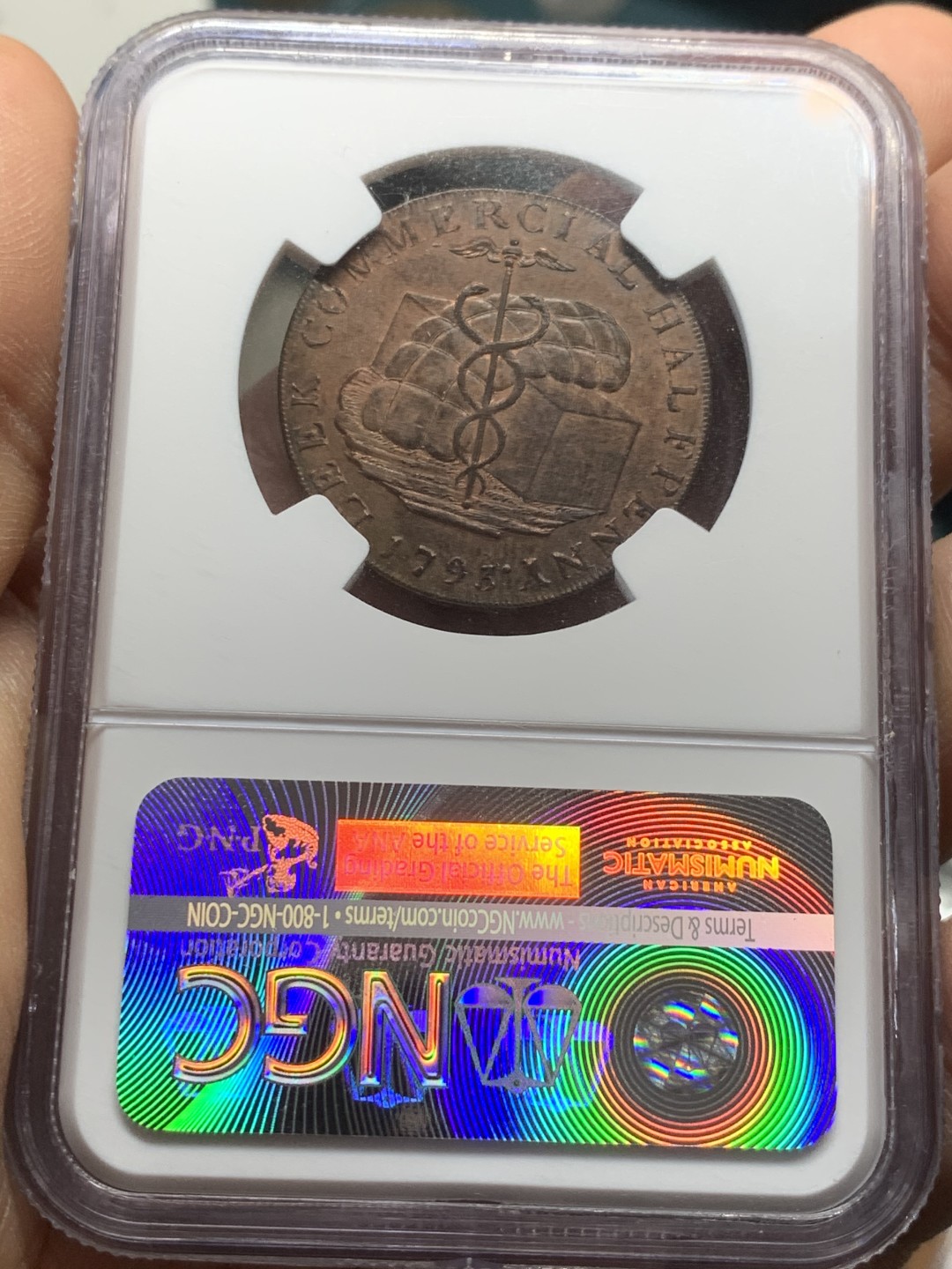 《竞宝斋》第44场-本周日，周一2场连拍（全场顺丰包邮） NGC MS62RB 亚军分 1793年英国斯塔福德郡1/2便士TOKEN 少见品种 