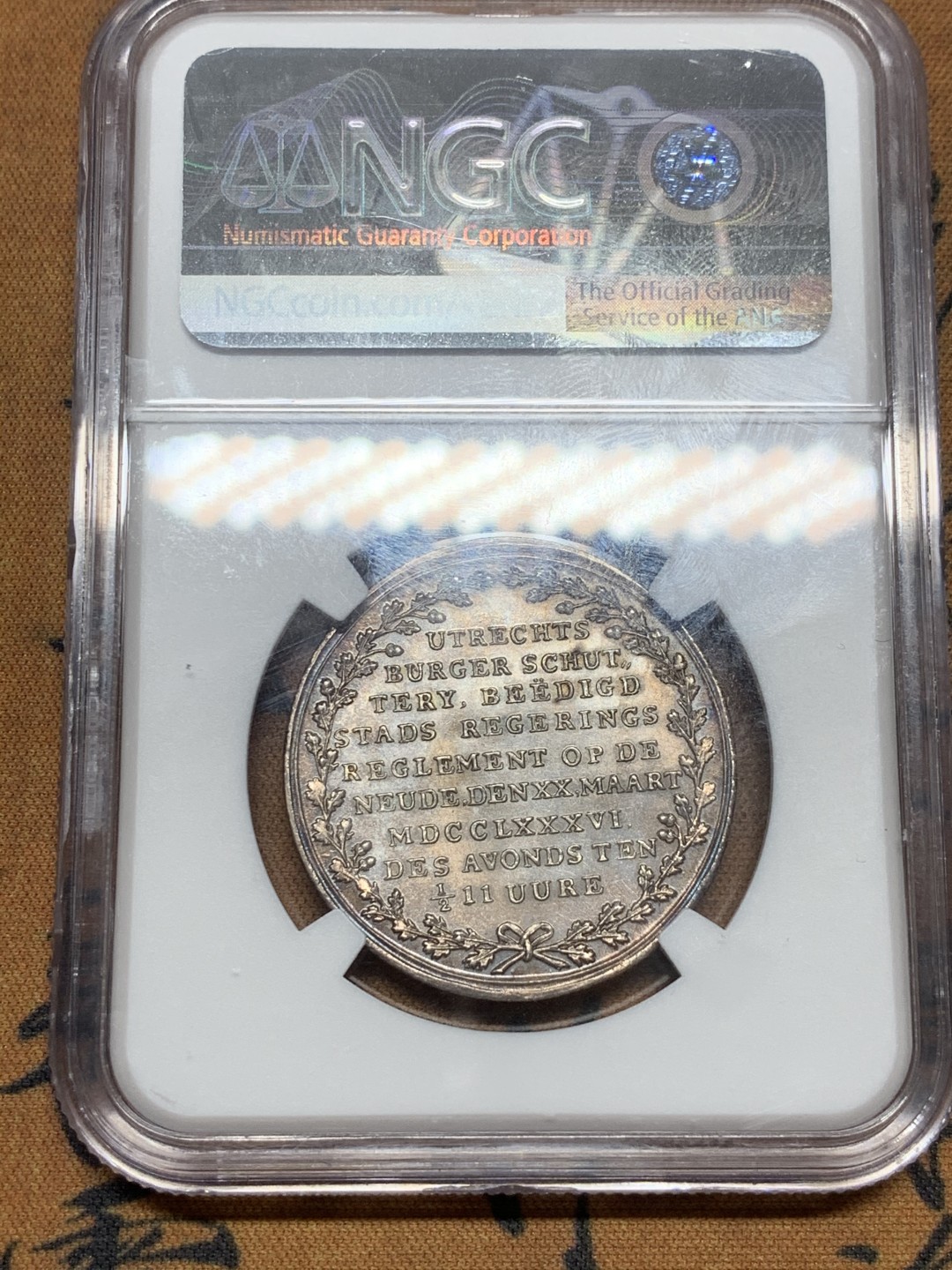 《竞宝斋》第44场-本周日，周一2场连拍（全场顺丰包邮） 1786年荷兰乌特勒支五彩银章（NGC唯一冠军分）（MINT ERROR） NGC MS65 P盒只有一枚记录，MS64
