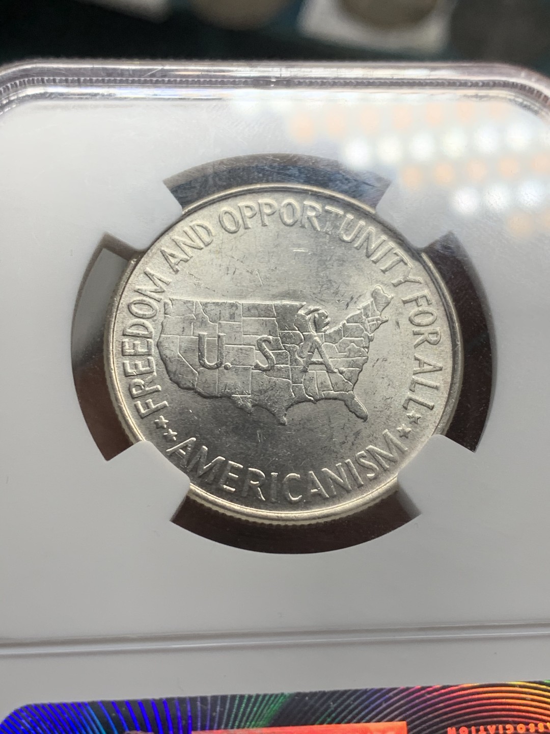 《竞宝斋》第44场-本周日，周一2场连拍（全场顺丰包邮） NGC MS63 美国 1952年 布克和乔治华盛顿 半圆银币 经典的美系半圆