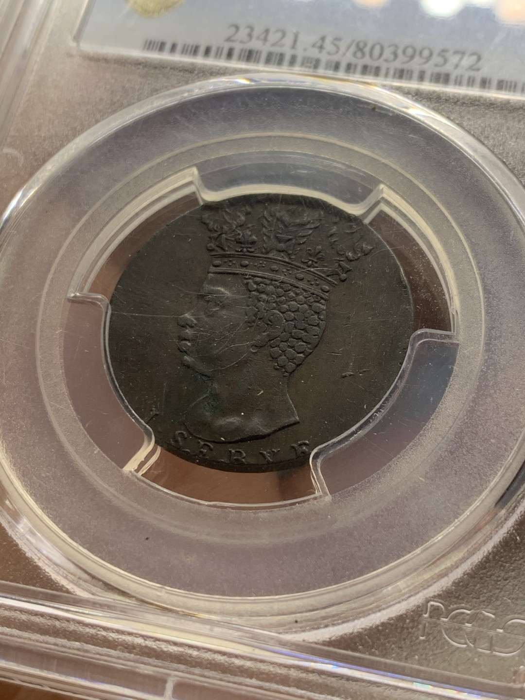 《竞宝斋》第44场-本周日，周一2场连拍（全场顺丰包邮） 1792年巴巴多斯海神1/2便士铜币（原铸） PCGS XF45 巴巴多斯海神，名誉品，海神细节感人，好品原铸，该品种有后铸