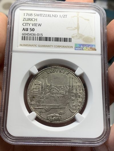 《竞宝斋》第44场-本周日，周一2场连拍（全场顺丰包邮） - 1768年瑞士苏黎世景观1/2泰勒银币（小狮子持剑）NGC AU50 景观面、狮子细节都相当不易