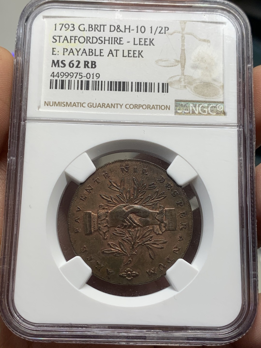 《竞宝斋》第44场-本周日，周一2场连拍（全场顺丰包邮） NGC MS62RB 亚军分 1793年英国斯塔福德郡1/2便士TOKEN 少见品种 