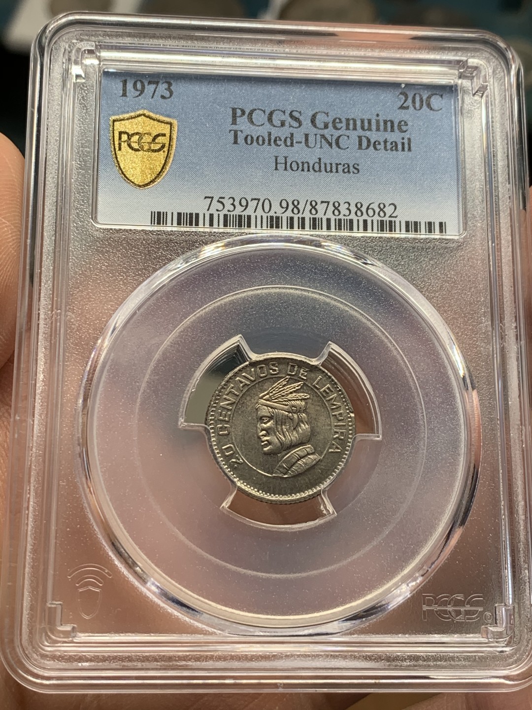 《竞宝斋》第44场-本周日，周一2场连拍（全场顺丰包邮） PCGS-UNCD 洪都拉斯 1973 20分 