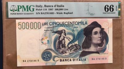 【Blue Auction】✨世界纸币精拍第172期——大流士一世宫殿遗址（共65拍） -  意大利 1997年50万里拉 PMG66EPQ  经典拉斐尔