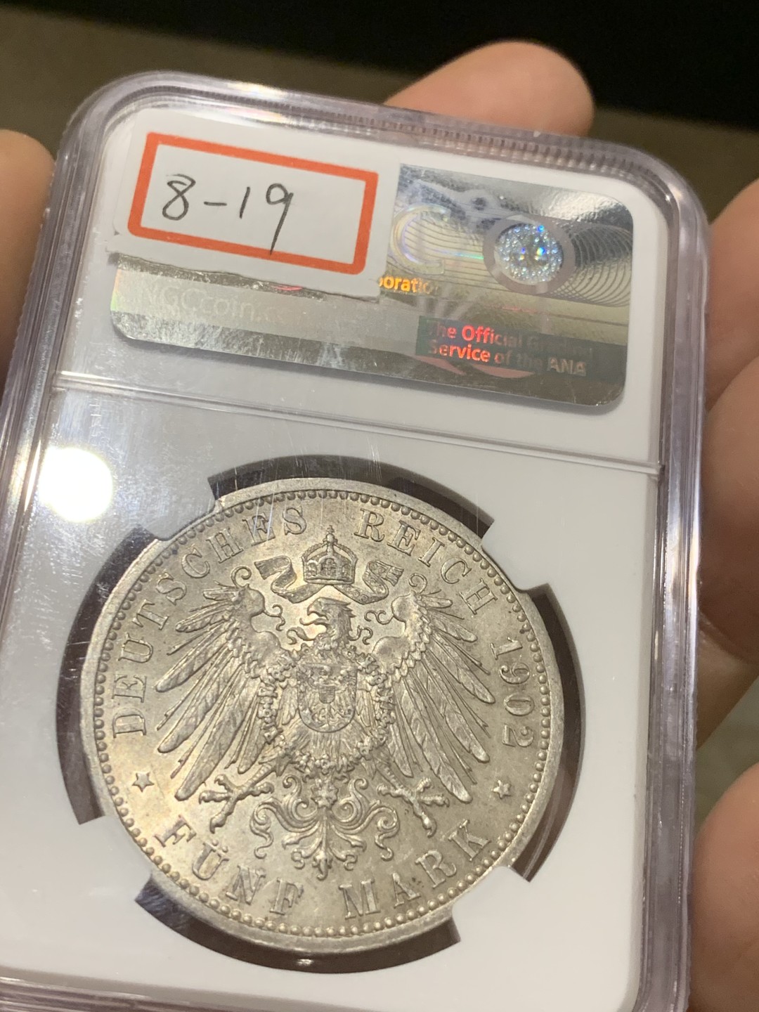 《竞宝斋》第44场-本周日，周一2场连拍（全场顺丰包邮） NGC MS63 德国巴登1902年 登基50周年 5马克 大银币 原味车轮光