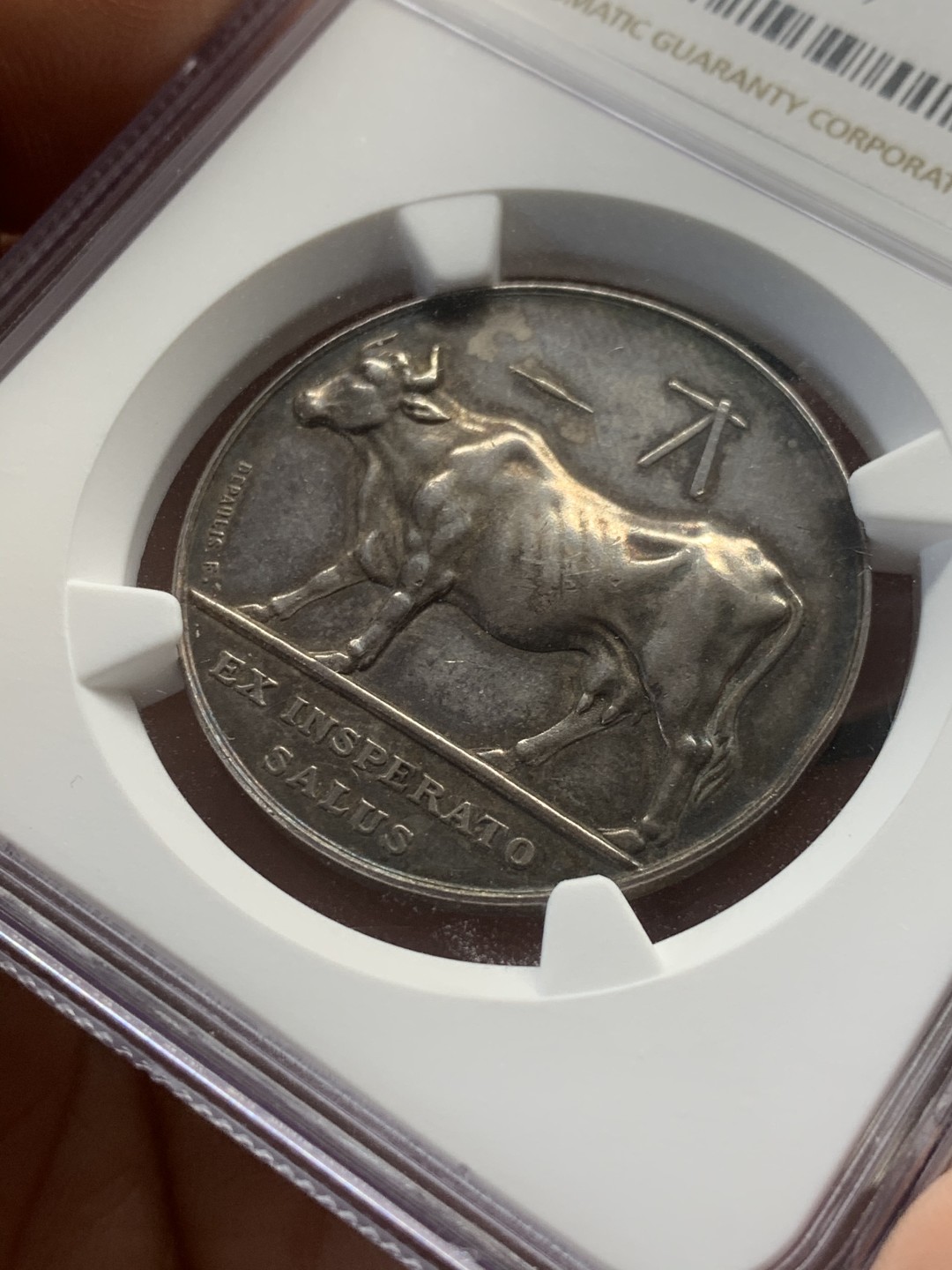 《竞宝斋》第44场-本周日，周一2场连拍（全场顺丰包邮） NGC AU58 法国1814年 接种牛痘纪念银章 直径33mm，黑包浆，环彩，高浮雕