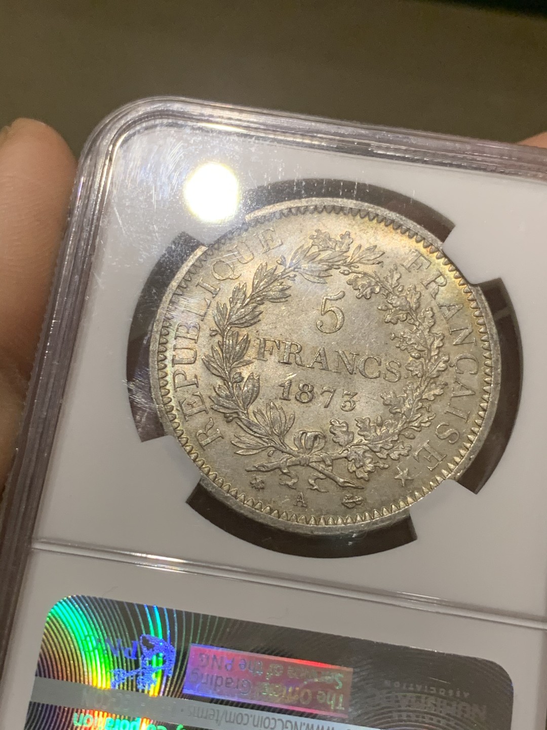 《竞宝斋》第44场-本周日，周一2场连拍（全场顺丰包邮） 1873年A版法国大力神银币 NGC MS63 分一般，状态很好