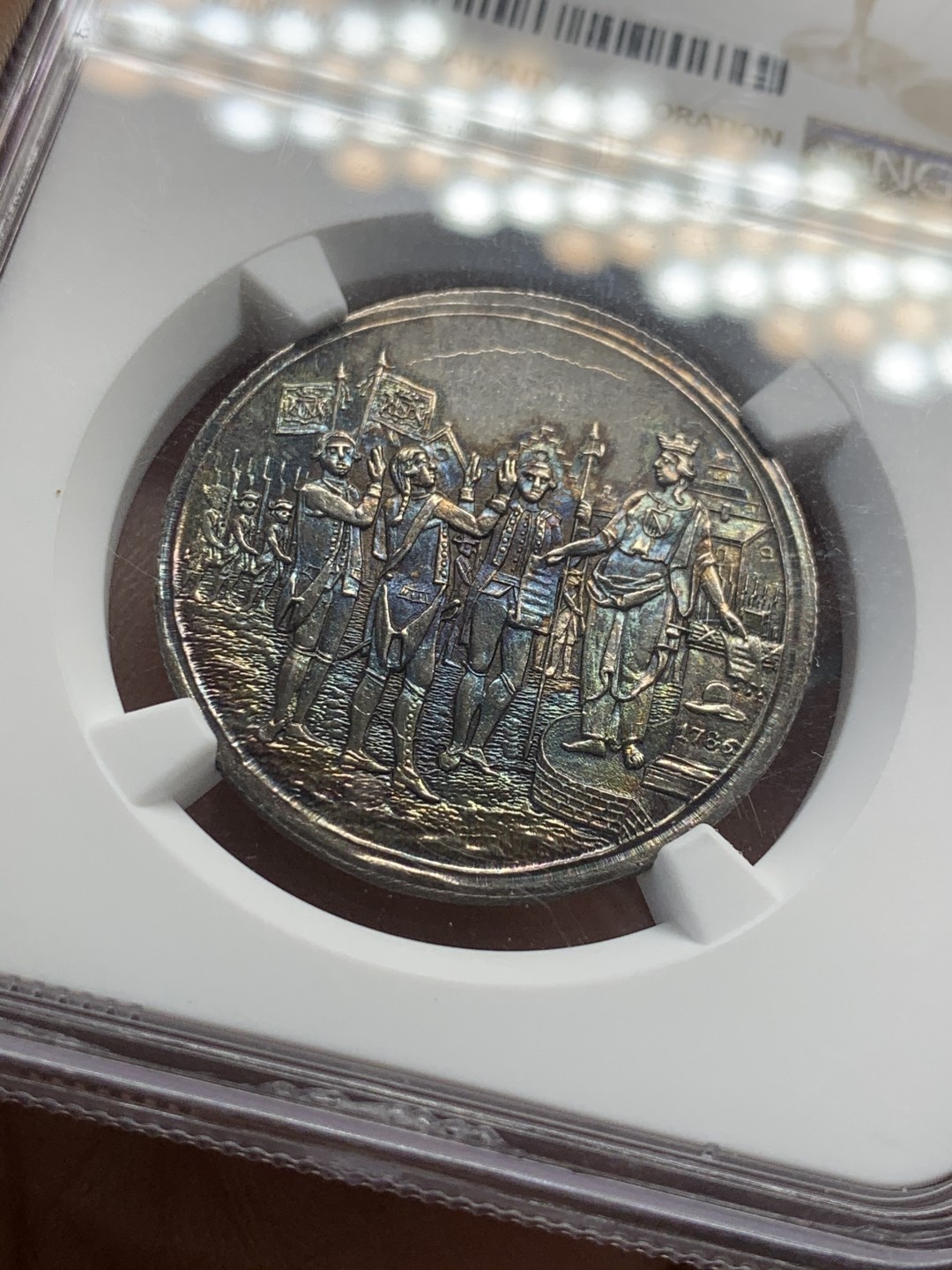 《竞宝斋》第44场-本周日，周一2场连拍（全场顺丰包邮） 1786年荷兰乌特勒支五彩银章（NGC唯一冠军分）（MINT ERROR） NGC MS65 P盒只有一枚记录，MS64