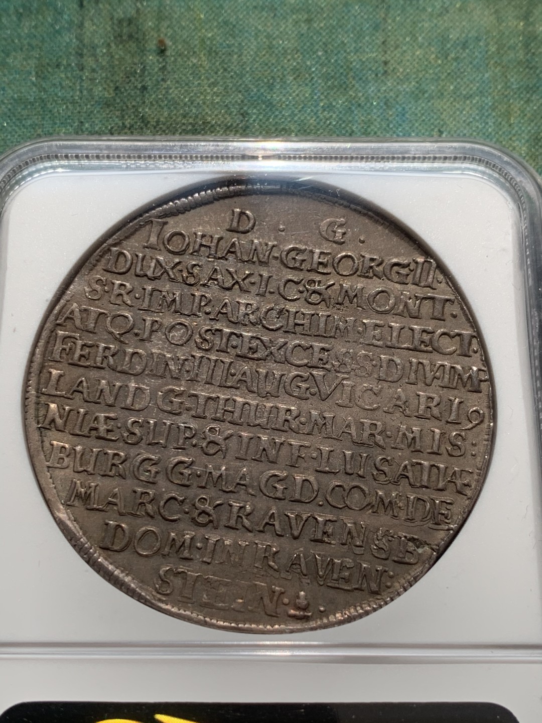 《竞宝斋》第44场-本周日，周一2场连拍（全场顺丰包邮） 第三名 NGC- AU53 德国萨克森1657年约翰乔治二世大泰勒银币 2021年HA- XF45分落槌价750美元 入盒出分一共4枚