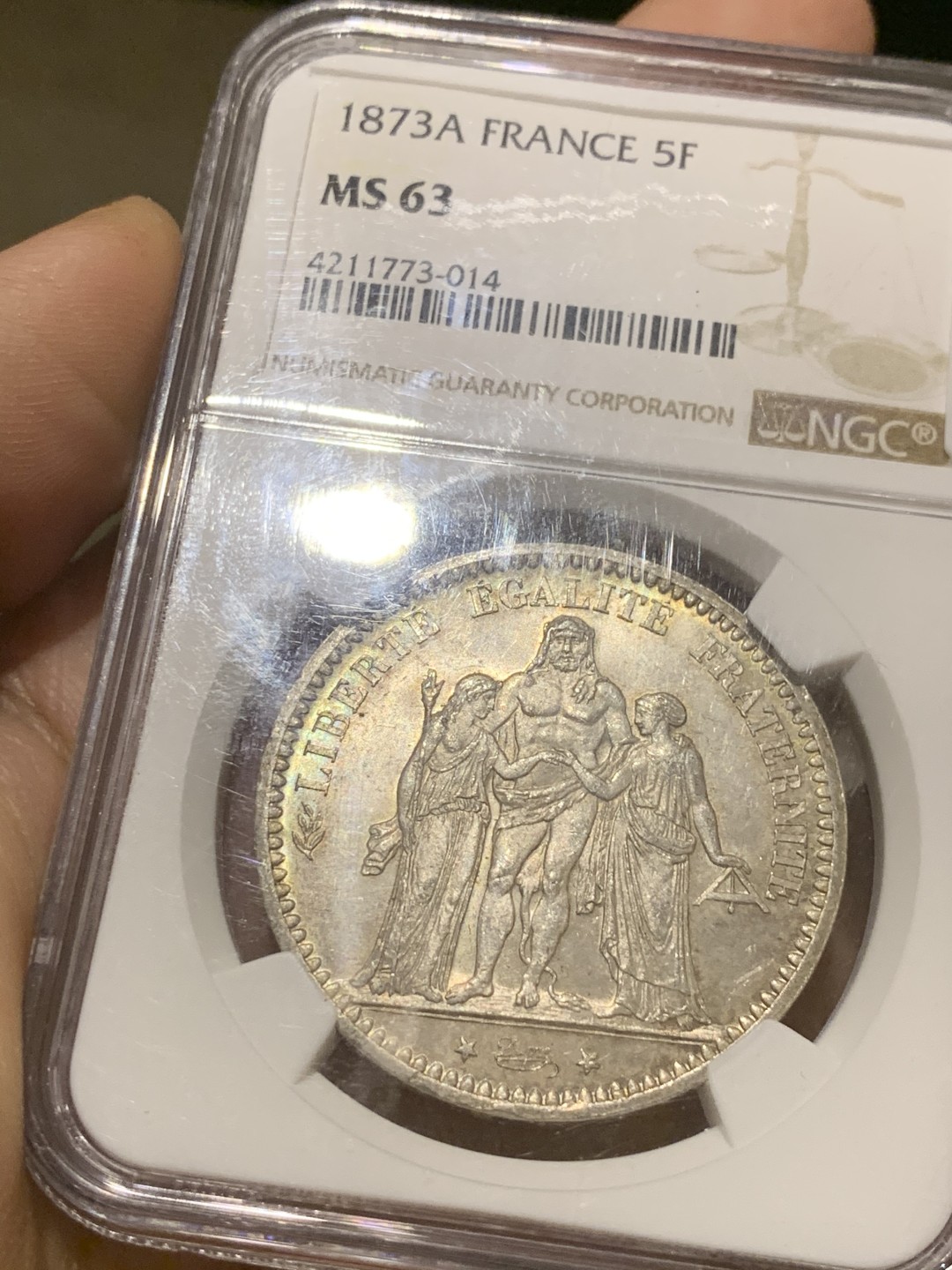 《竞宝斋》第44场-本周日，周一2场连拍（全场顺丰包邮） 1873年A版法国大力神银币 NGC MS63 分一般，状态很好