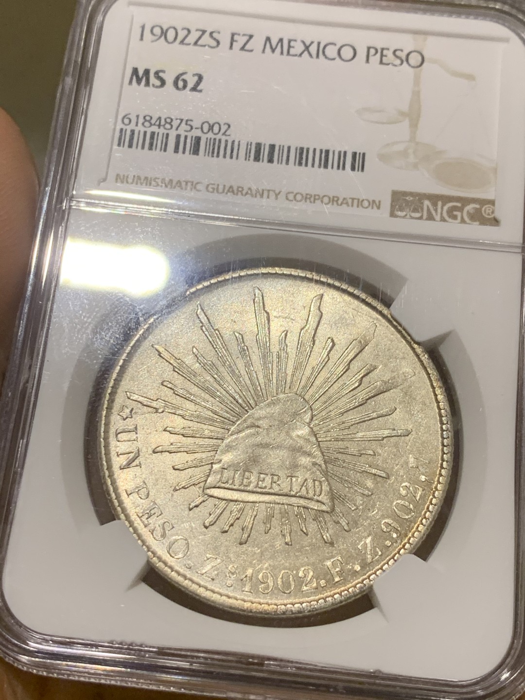 《竞宝斋》第44场-本周日，周一2场连拍（全场顺丰包邮） NGC-MS62  1902年 墨西哥 直边鹰洋 原光  光度一流 爆羽好品