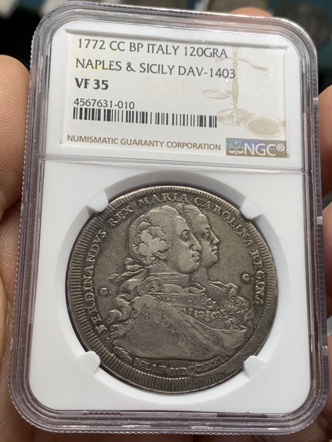 《竞宝斋》第44场-本周日，周一2场连拍（全场顺丰包邮） NGC-VF35 那不勒斯王国1772年“公主降生”120Grana 稀少题材品种 原味包浆