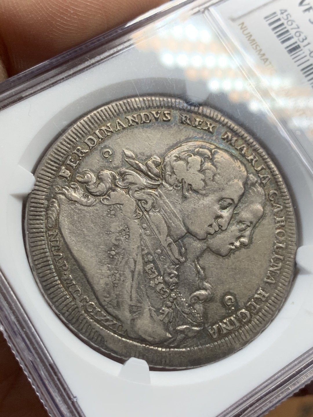 《竞宝斋》第44场-本周日，周一2场连拍（全场顺丰包邮） NGC-VF35 那不勒斯王国1772年“公主降生”120Grana 稀少题材品种 原味包浆