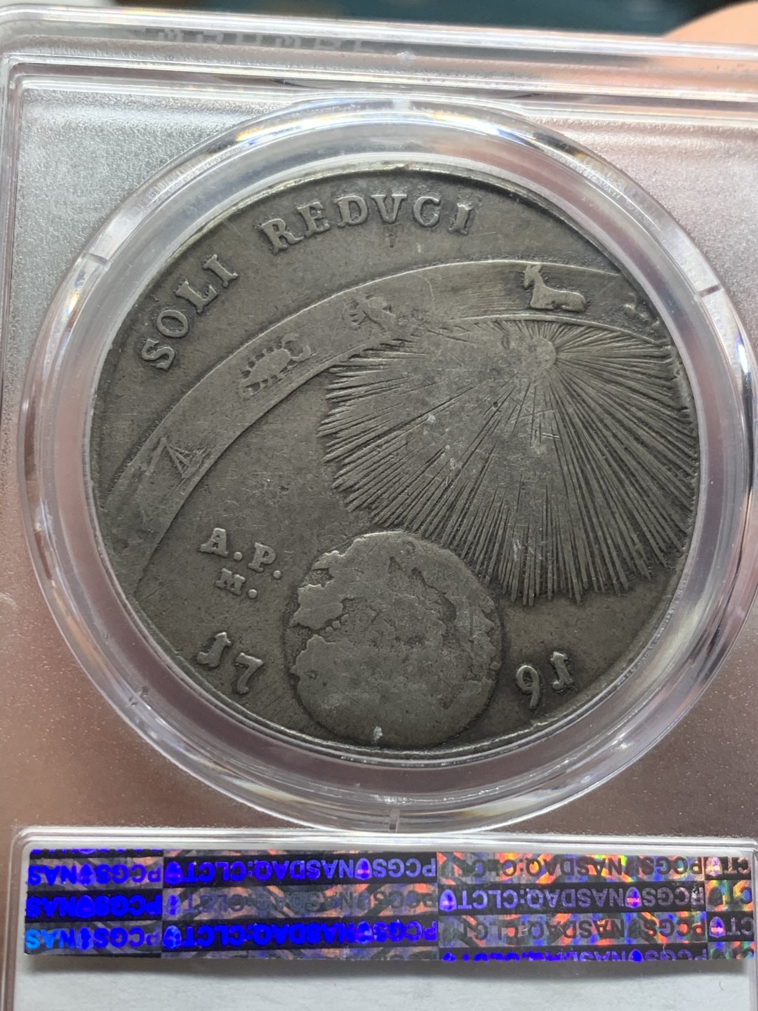 《竞宝斋》第44场-本周日，周一2场连拍（全场顺丰包邮） PCGS-VF25 那不勒斯王国1791年“王室归来”地球款（黄道十二宫）120Grana 稀少题材品种 原味包浆