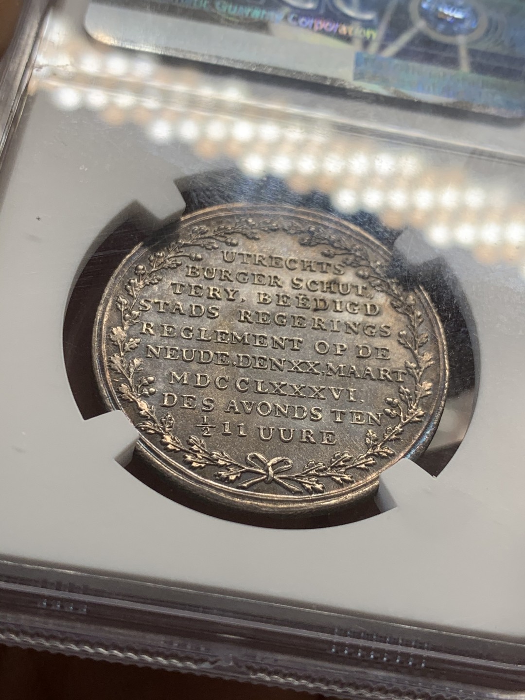 《竞宝斋》第44场-本周日，周一2场连拍（全场顺丰包邮） 1786年荷兰乌特勒支五彩银章（NGC唯一冠军分）（MINT ERROR） NGC MS65 P盒只有一枚记录，MS64