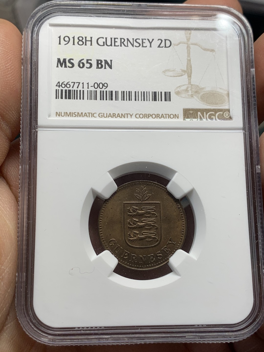 《竞宝斋》第44场-本周日，周一2场连拍（全场顺丰包邮） NGC-MS 65BN 英属格恩济1918H 2道布铜币 冠军分