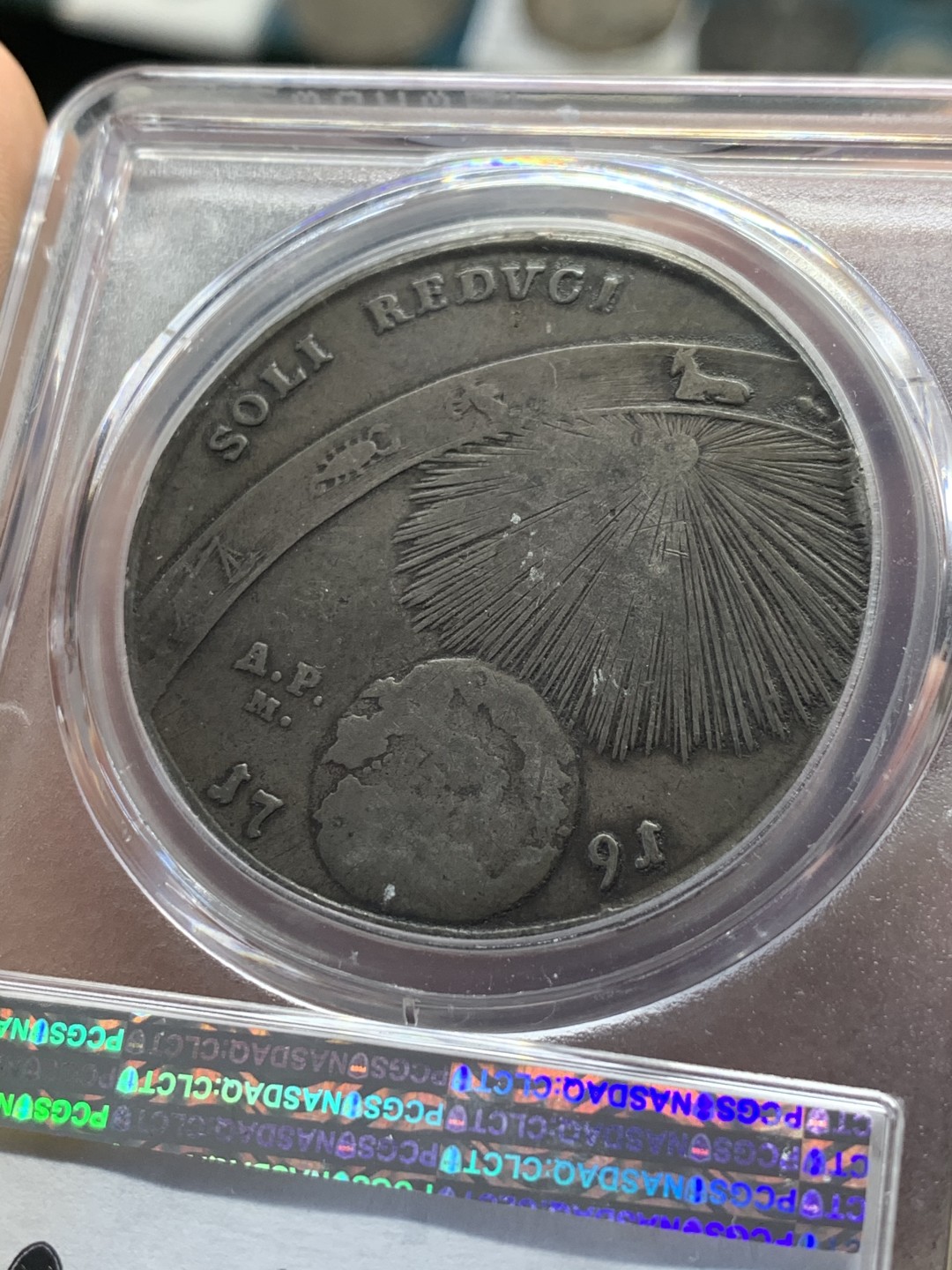 《竞宝斋》第44场-本周日，周一2场连拍（全场顺丰包邮） PCGS-VF25 那不勒斯王国1791年“王室归来”地球款（黄道十二宫）120Grana 稀少题材品种 原味包浆