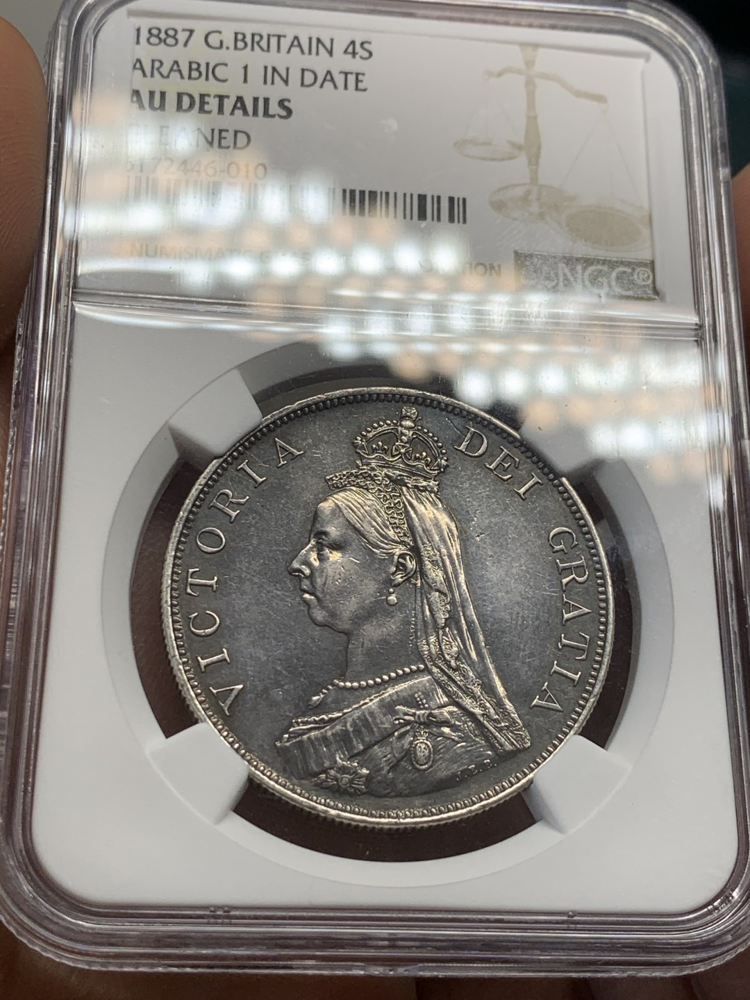 《竞宝斋》第44场-本周日，周一2场连拍（全场顺丰包邮） NGC严评 AUD1887英国维多利亚4S双弗罗林，昙花一现的面值（仅在1887-1890年间铸造，此后再未铸造发行），细节深峻，黑漆古包浆，年份日期阿拉伯数字1