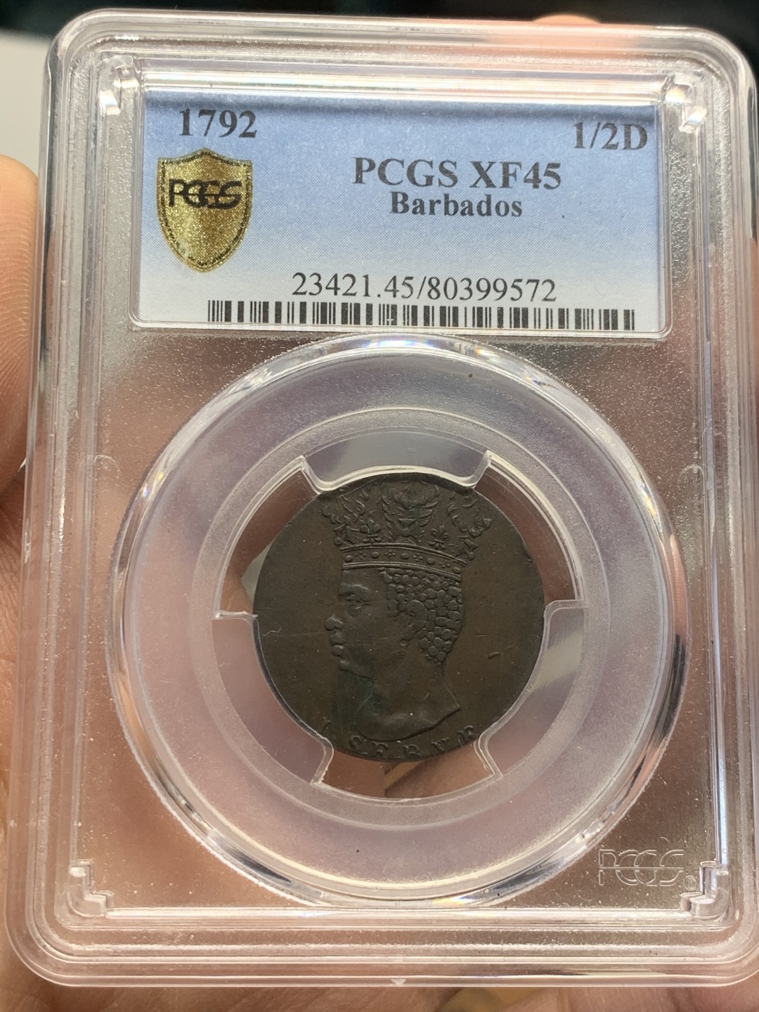 《竞宝斋》第44场-本周日，周一2场连拍（全场顺丰包邮） 1792年巴巴多斯海神1/2便士铜币（原铸） PCGS XF45 巴巴多斯海神，名誉品，海神细节感人，好品原铸，该品种有后铸
