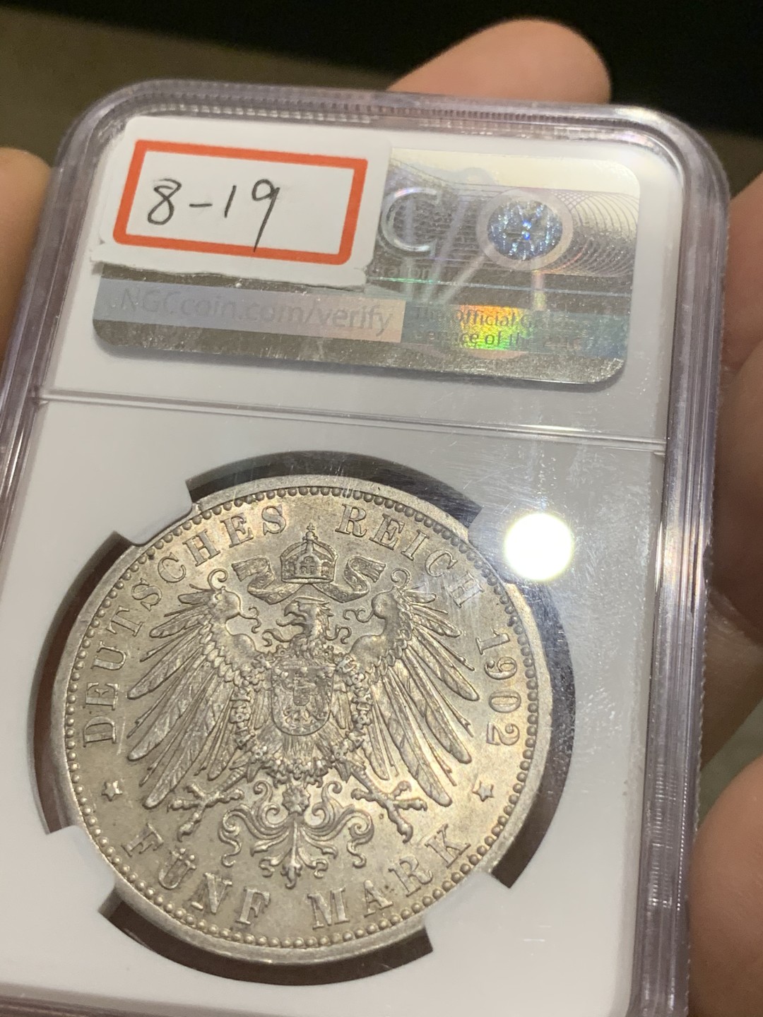 《竞宝斋》第44场-本周日，周一2场连拍（全场顺丰包邮） NGC MS63 德国巴登1902年 登基50周年 5马克 大银币 原味车轮光