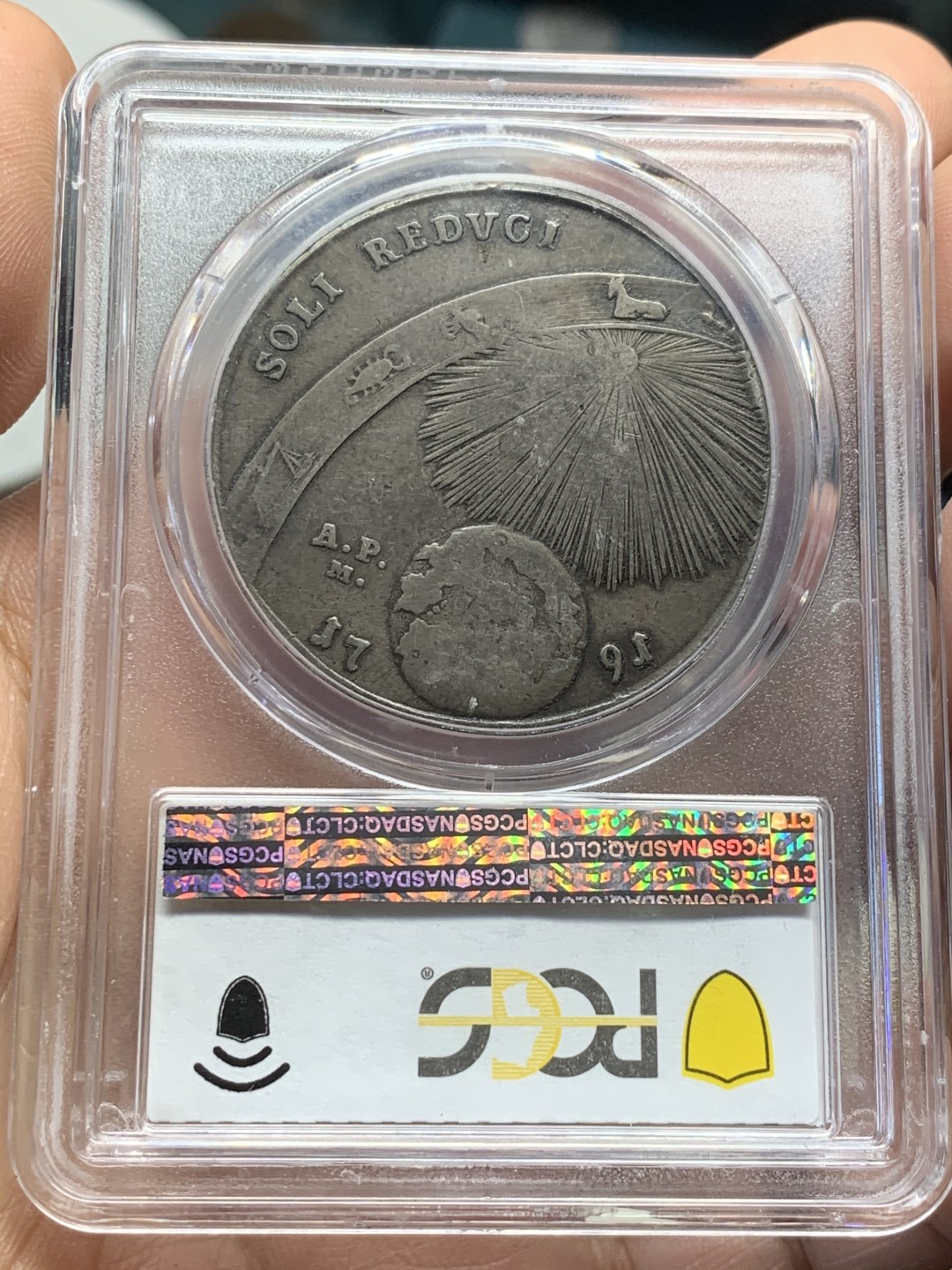 《竞宝斋》第44场-本周日，周一2场连拍（全场顺丰包邮） PCGS-VF25 那不勒斯王国1791年“王室归来”地球款（黄道十二宫）120Grana 稀少题材品种 原味包浆