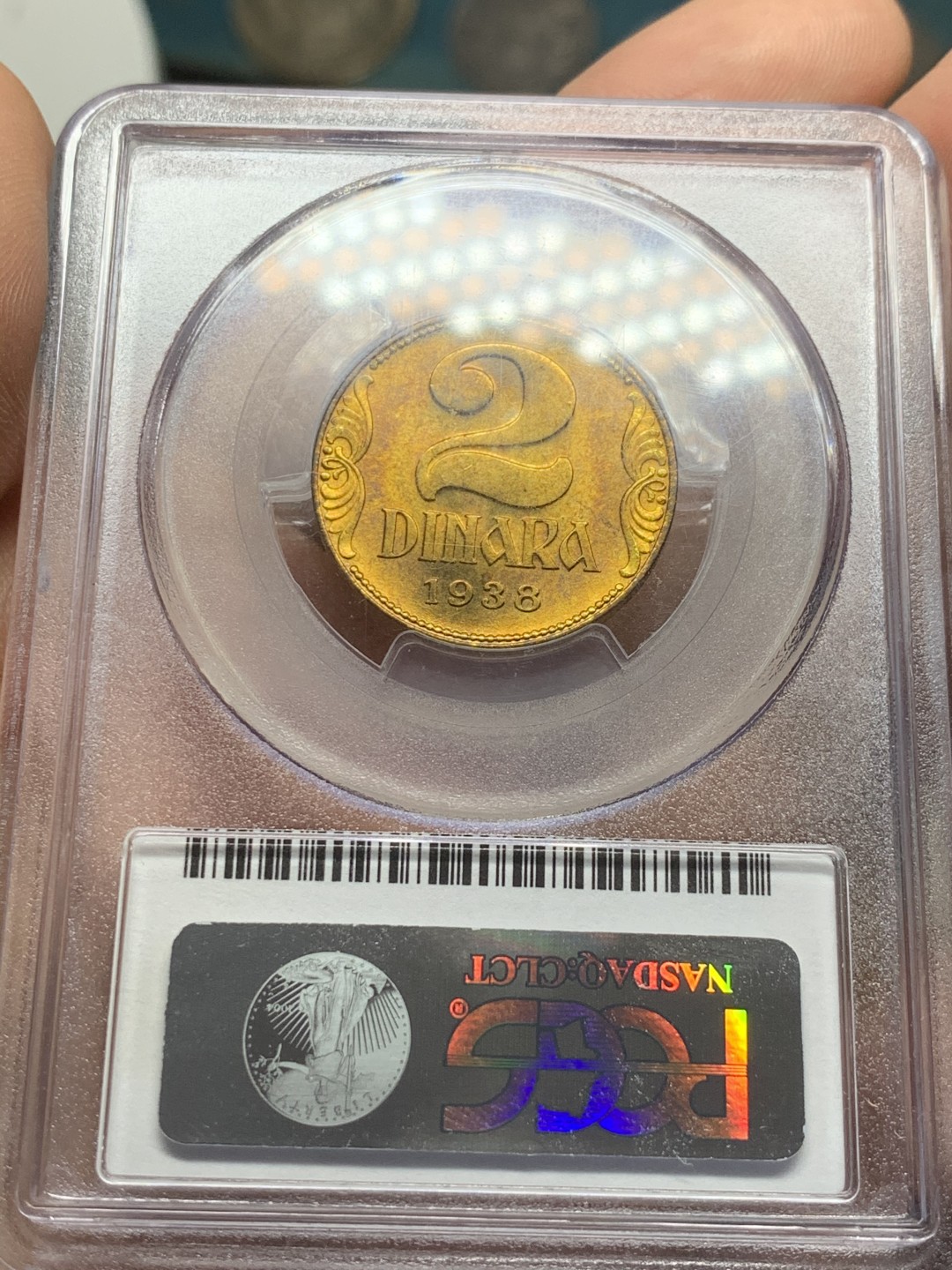 《竞宝斋》第44场-本周日，周一2场连拍（全场顺丰包邮） PCGS MS66 南斯拉夫 1938年 2第纳尔铜币 大皇冠版，状态极好，收藏级的高分第纳尔