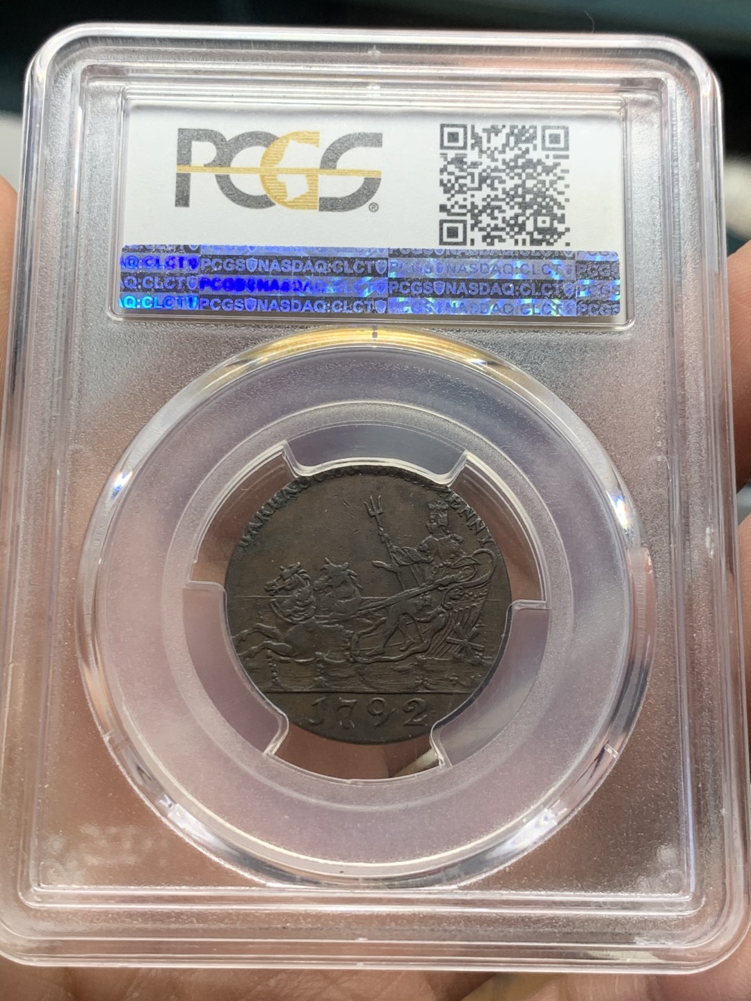 《竞宝斋》第44场-本周日，周一2场连拍（全场顺丰包邮） 1792年巴巴多斯海神1/2便士铜币（原铸） PCGS XF45 巴巴多斯海神，名誉品，海神细节感人，好品原铸，该品种有后铸