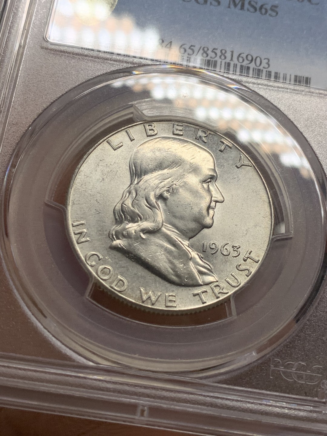 《竞宝斋》第44场-本周日，周一2场连拍（全场顺丰包邮） PCGS MS65 美国 富兰克林 1963年D版 半美元银币 BU状态 干净爽洁