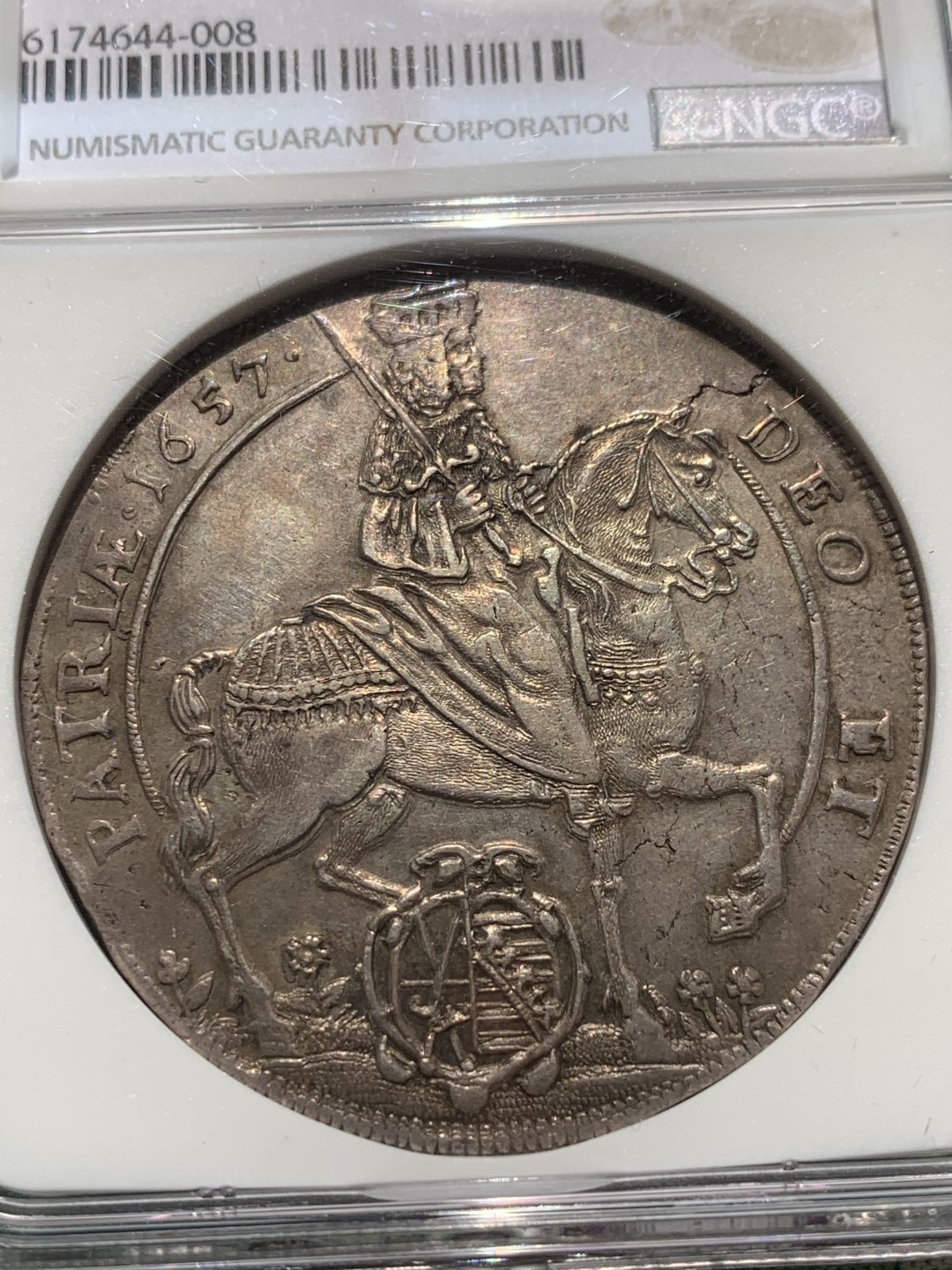 《竞宝斋》第44场-本周日，周一2场连拍（全场顺丰包邮） 第三名 NGC- AU53 德国萨克森1657年约翰乔治二世大泰勒银币 2021年HA- XF45分落槌价750美元 入盒出分一共4枚