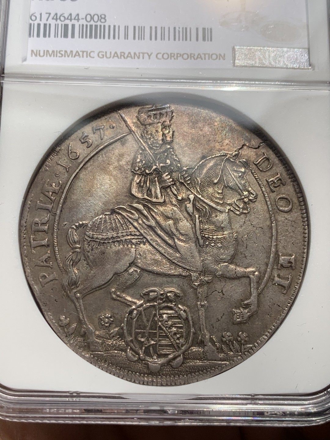 《竞宝斋》第44场-本周日，周一2场连拍（全场顺丰包邮） 第三名 NGC- AU53 德国萨克森1657年约翰乔治二世大泰勒银币 2021年HA- XF45分落槌价750美元 入盒出分一共4枚