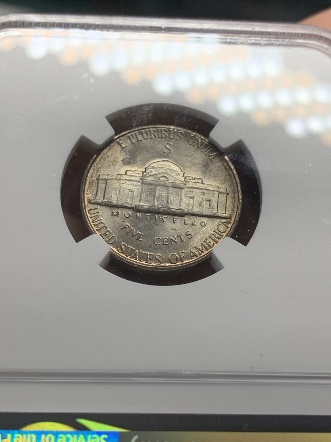 《竞宝斋》第44场-本周日，周一2场连拍（全场顺丰包邮） NGC-MS62 美国 1945年 杰弗逊战时五美分（含银版，普通为镍币）