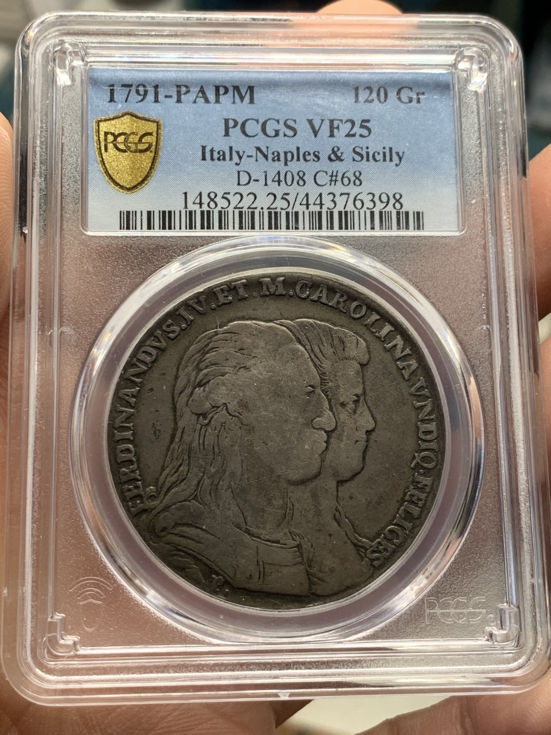 《竞宝斋》第44场-本周日，周一2场连拍（全场顺丰包邮） PCGS-VF25 那不勒斯王国1791年“王室归来”地球款（黄道十二宫）120Grana 稀少题材品种 原味包浆