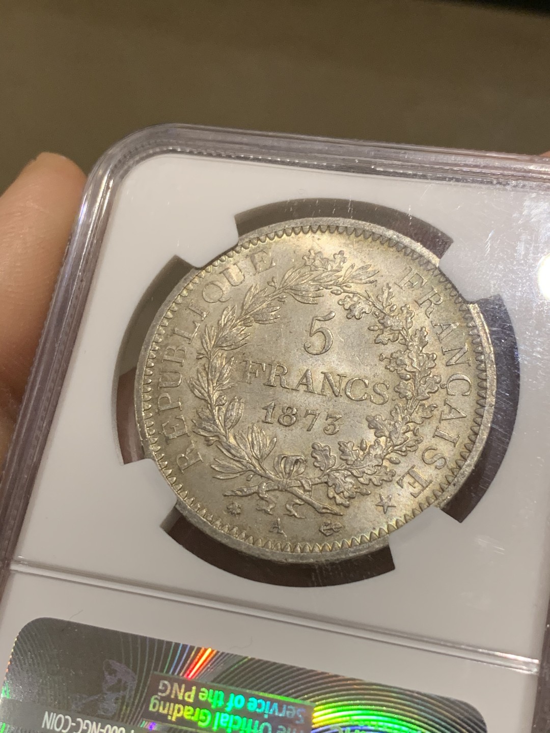 《竞宝斋》第44场-本周日，周一2场连拍（全场顺丰包邮） 1873年A版法国大力神银币 NGC MS63 分一般，状态很好