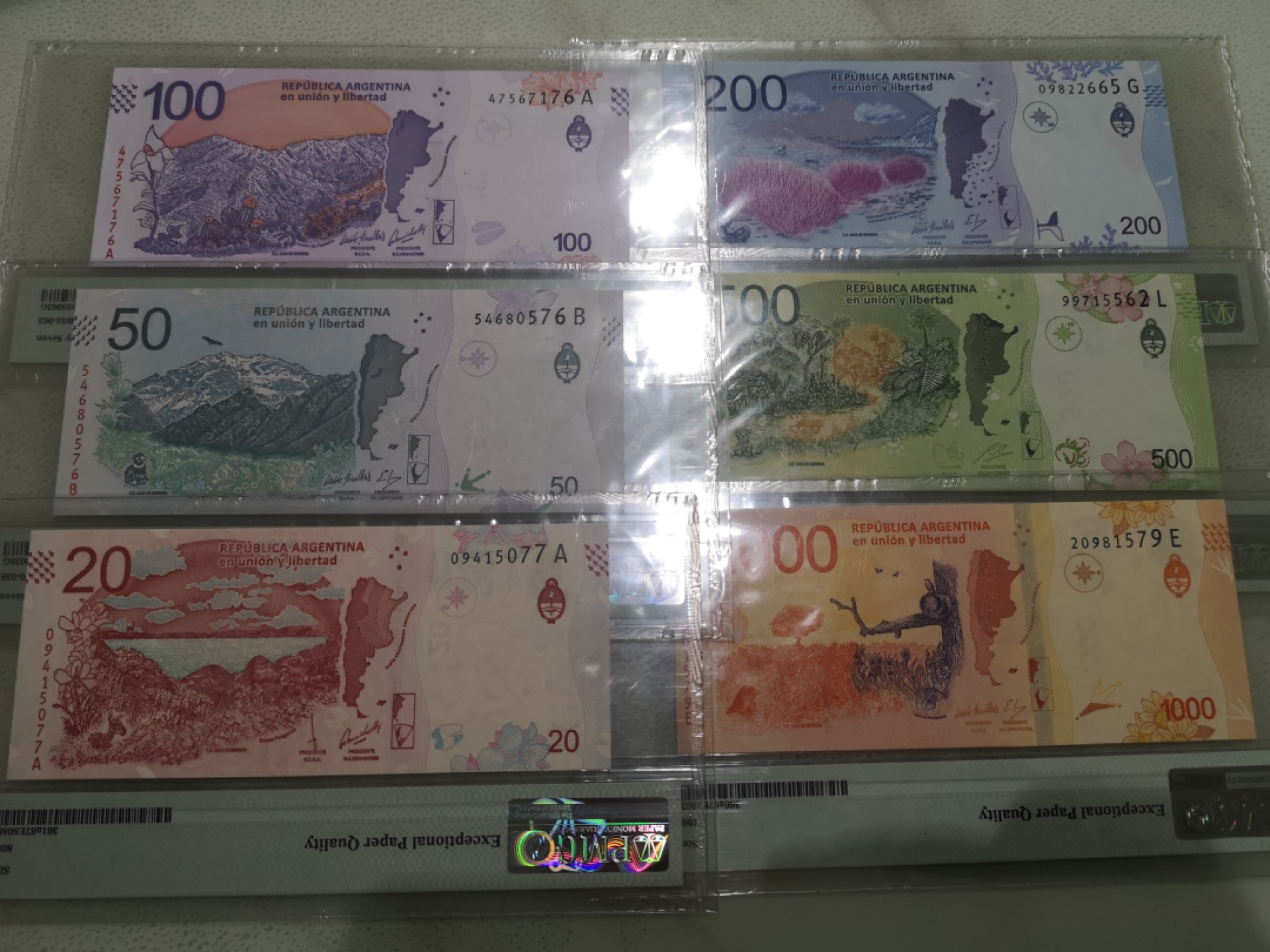 《外钞收藏家》第一百七十三期拍卖 阿根廷20-1000 全套67分 六张