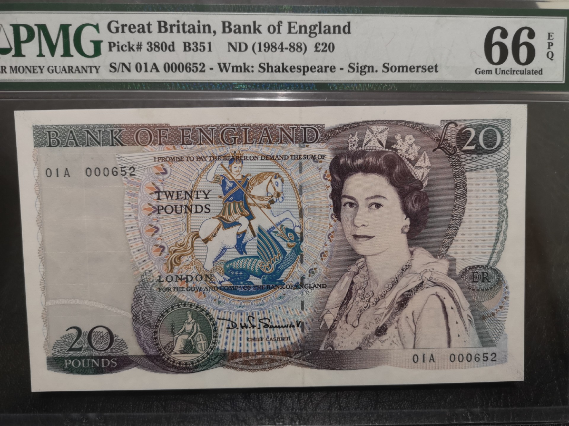《外钞收藏家》第一百七十三期拍卖 1984-88年D序列20镑 PMG66 01A冠 百位号652
