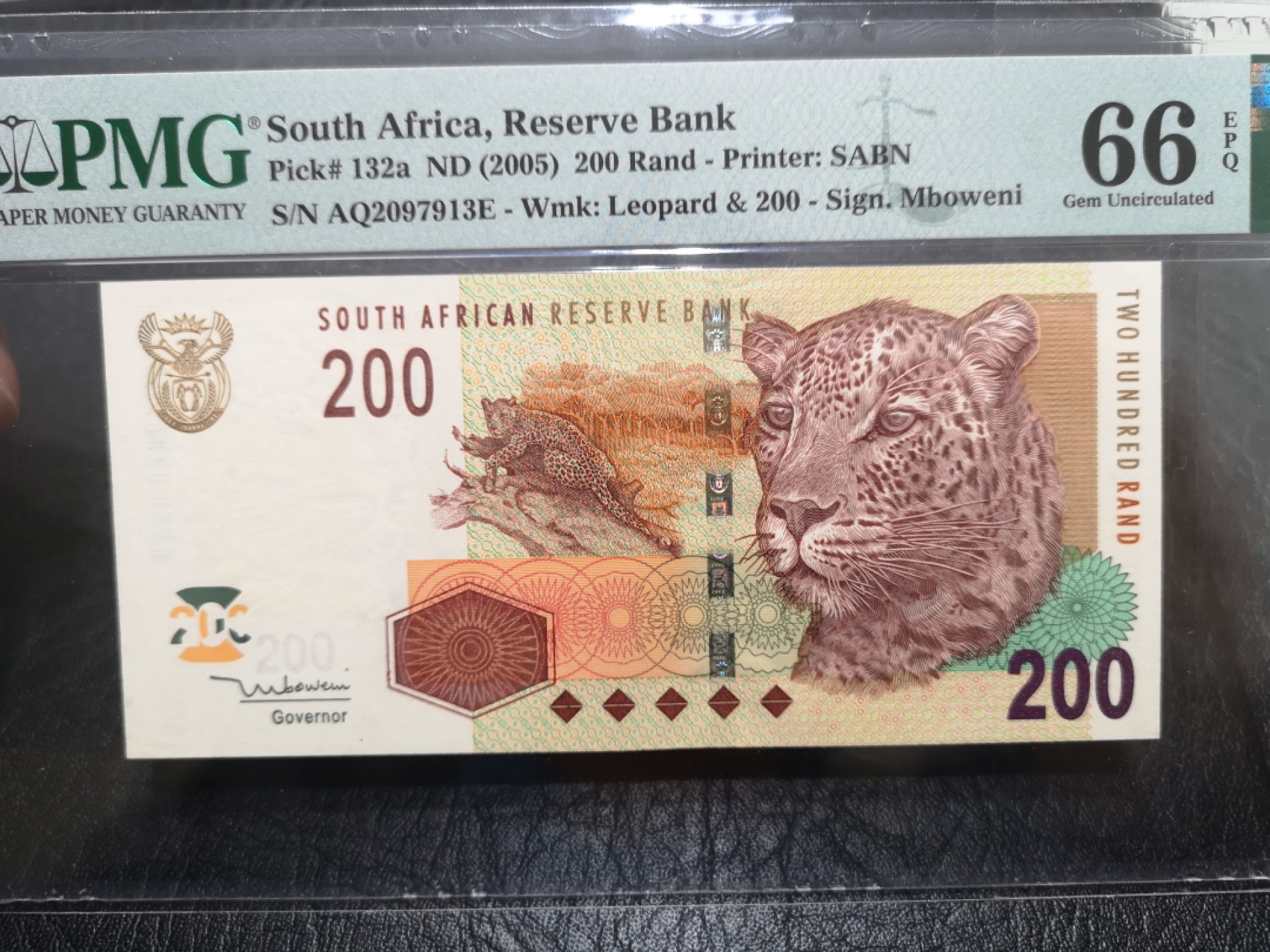 《外钞收藏家》第一百七十三期拍卖 2005年南非200兰特 豹子 PMG66